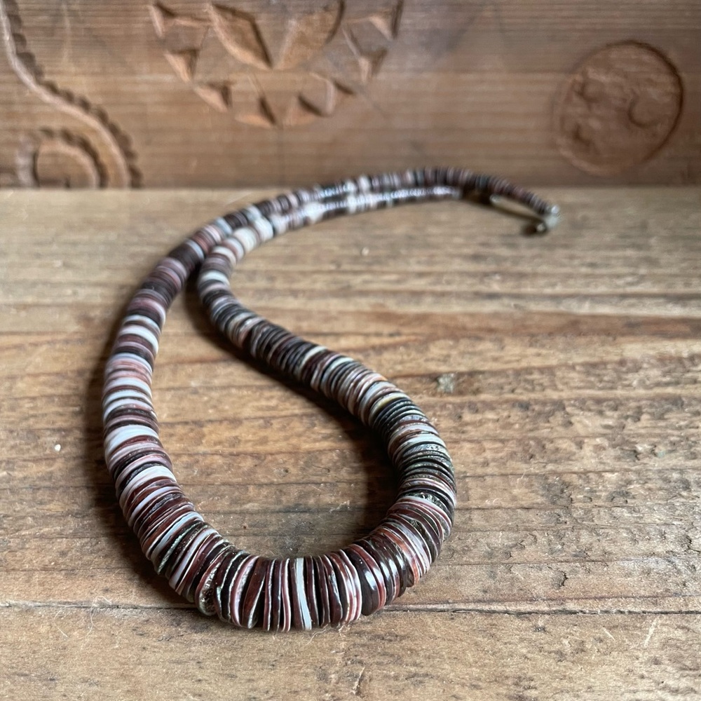 Vintage Heishi Bead Choker Necklace Brown & Ivory Shell Disc Beads Surfer